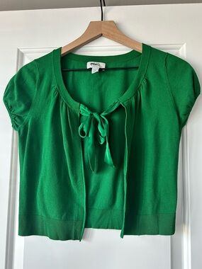 LOFT Emerald Green Satin-Tie Short Sleeve Cardigan